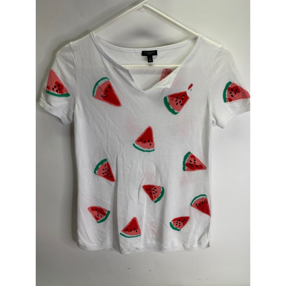 TALBOTS Beaded Slice Of Watermelon Cotton White Sweater   Summer Top Shirt Sz P